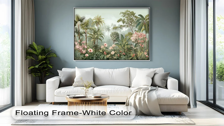 Serene palm forest canvas wall art with tropical blooms

