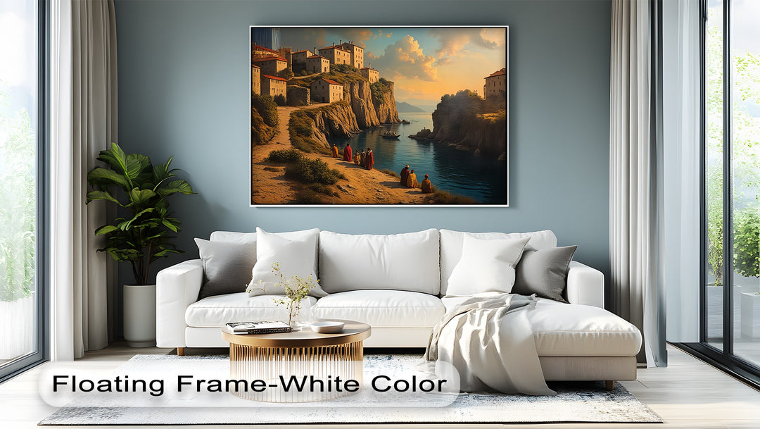 Clifftop Village Serenity – Coastal Sunset Canvas Wall Art | Large Canvas Art