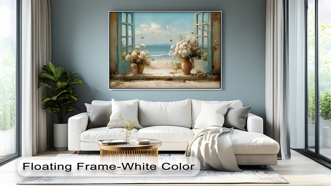 Seaside Breeze Through Blue Shutters – Coastal Floral Canvas Print