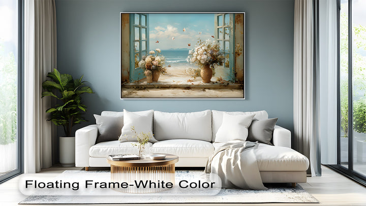 Seaside Breeze Through Blue Shutters – Coastal Floral Canvas Print