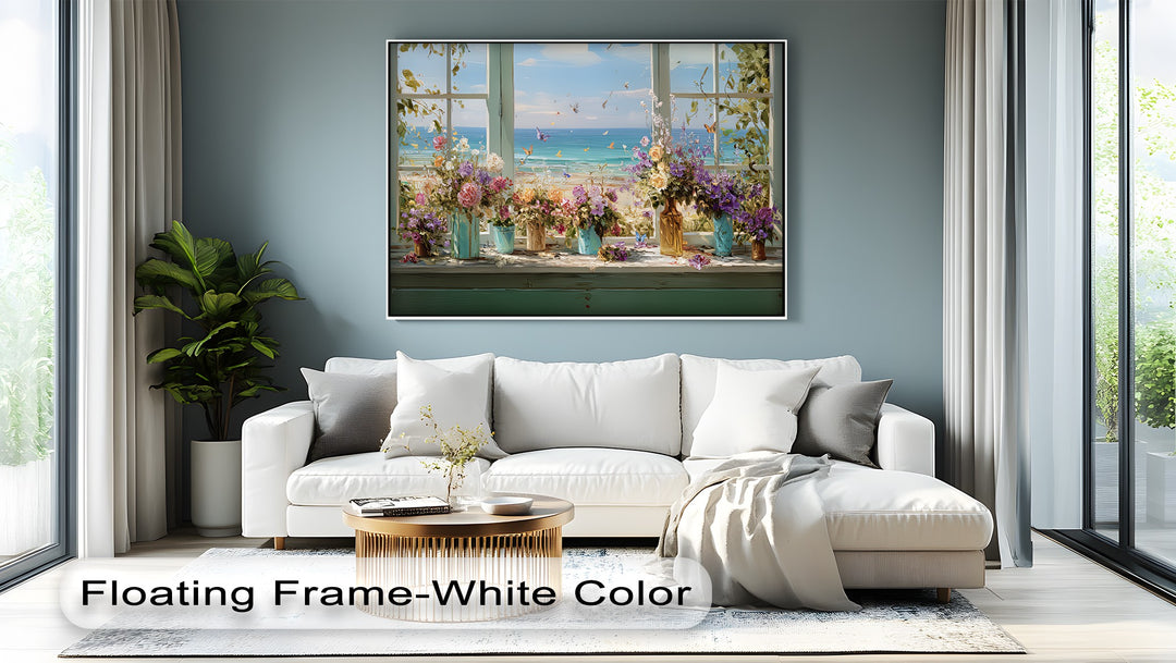 Seaside Bloom – Coastal View with Flowers and Butterflies Canvas Print
