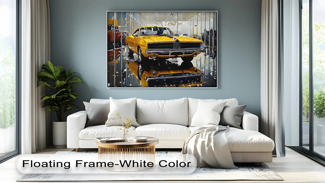 Classic Yellow Dodge Charger in Showroom – Car Canvas Print