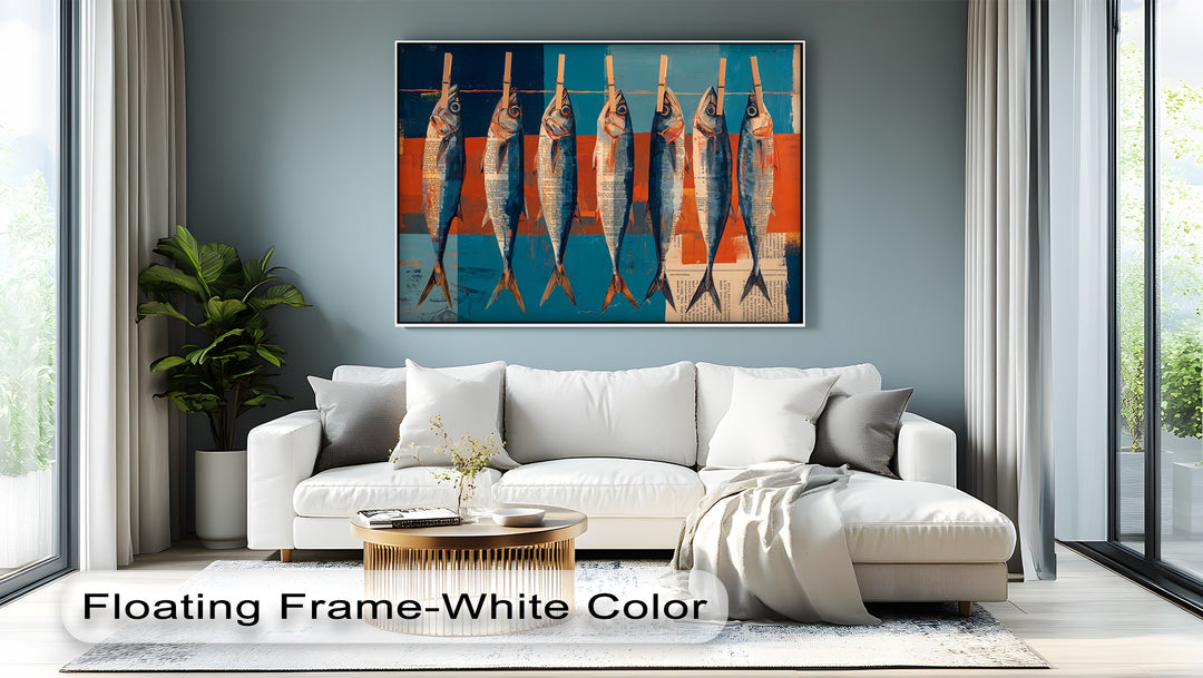 Dominating the color block background in the darkest area is a unique canvas print featuring hanging fish, perfect as modern coastal kitchen wall art.