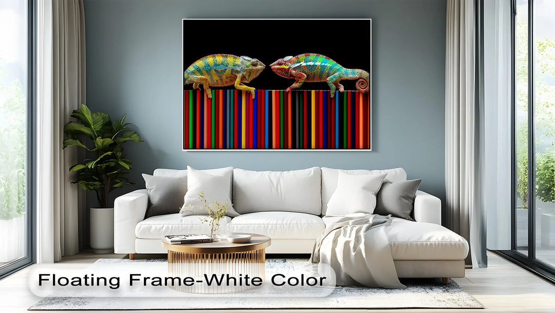 Color Clash – Vibrant Chameleon Duo on Pencils Canvas Print - MyPhotoStation