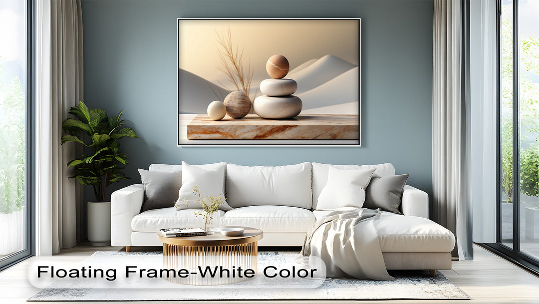 The realistic detail of this Zen Stone Balance canvas print showcases stacked stones on a marble slab against desert dunes, making it a best canvas print.