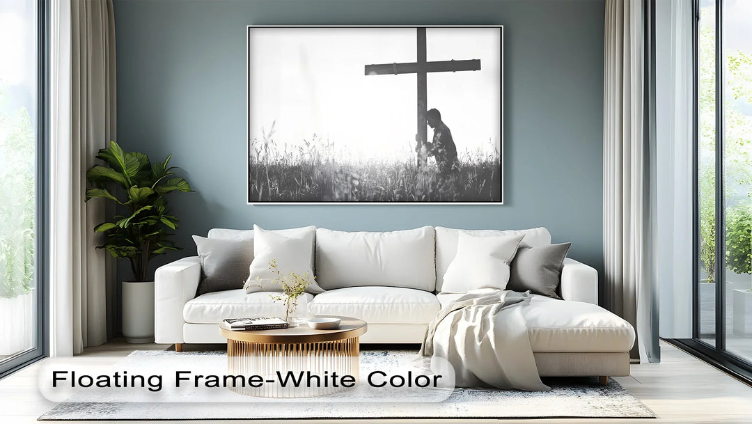 In Surrender – Black and White Prayer with Cross Canvas Print