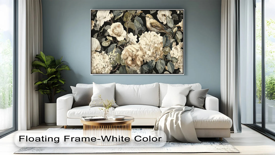 Nature inspired canvas art with neutral tone flowers and perched songbird

