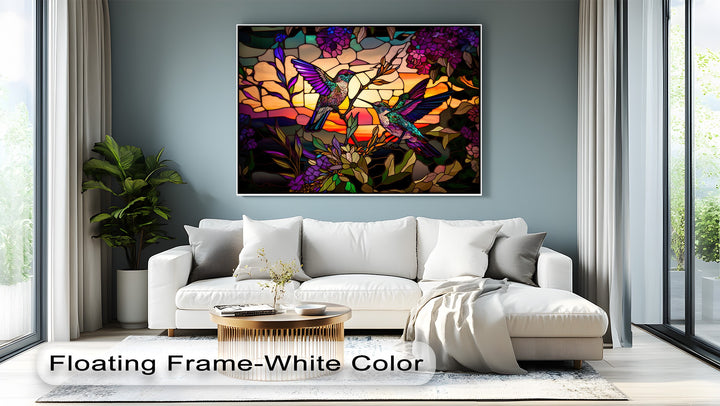 Foreground showcases a stylish white sectional sofa and round fluted coffee table, enhancing the vibrant canvas wall decor.