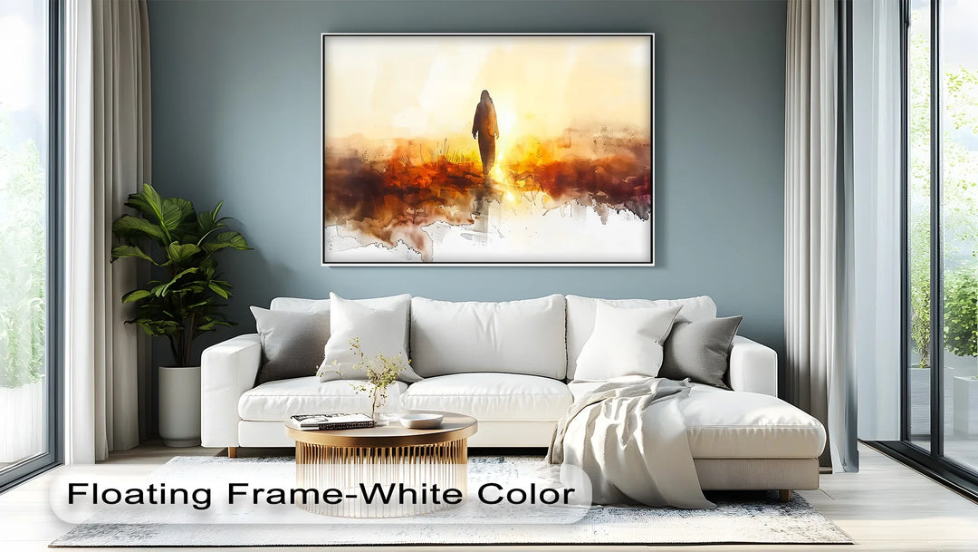 He Walks in Light – Silhouette of Christ in Golden Landscape Canvas Print