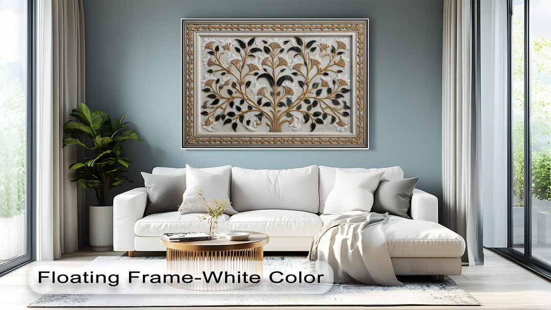 A balanced color temperature is evident in the elegant floral Gold Botanical canvas artwork, featuring warm gold accents against cool slate blue walls.