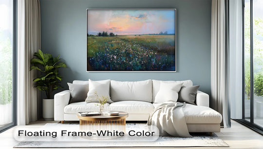 Subtle shifts in color define the big canvas prints depicting the 'Pastel Twilight – Meadow in Bloom' landscape, showcasing a harmonious blend of hues.