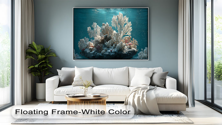 The focal point, a captivating white coral reef set in a vibrant underwater ocean, makes for one of the best canvas prints.