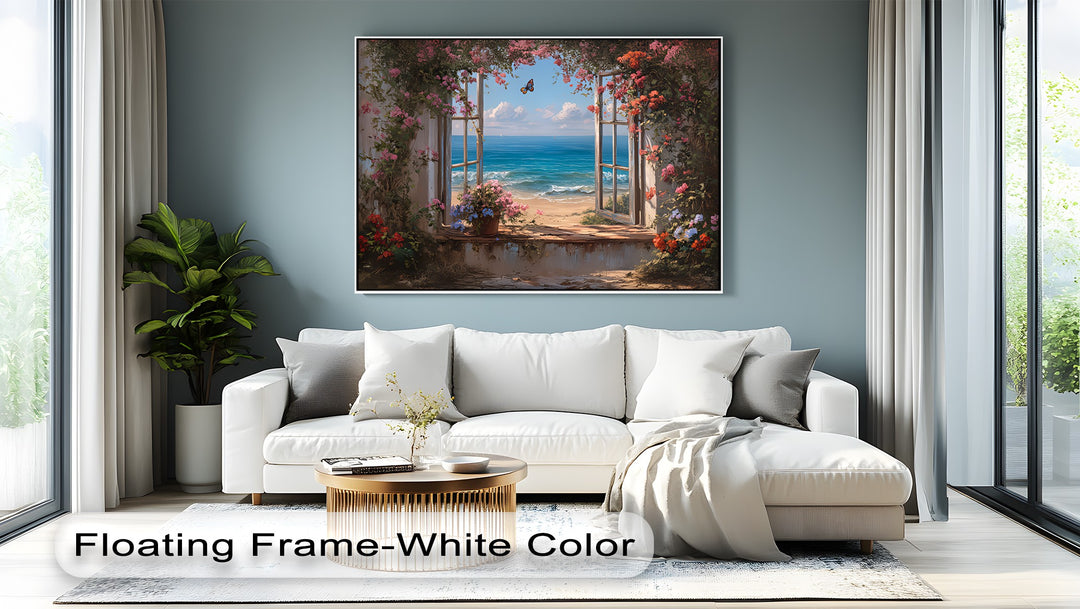 Blossoms by the Sea – Open Window Beach View Canvas Print
