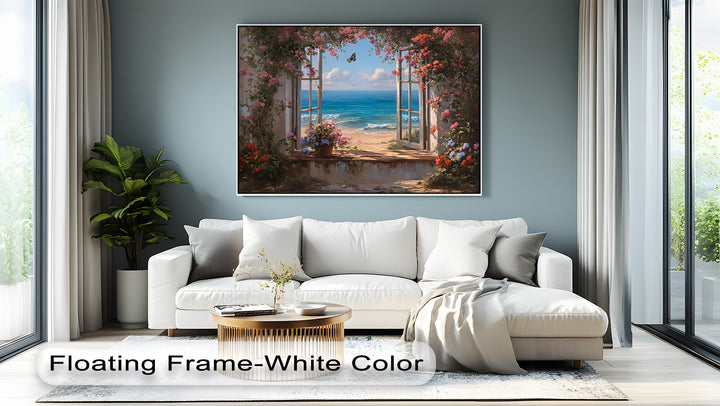 Blossoms by the Sea – Open Window Beach View Canvas Print