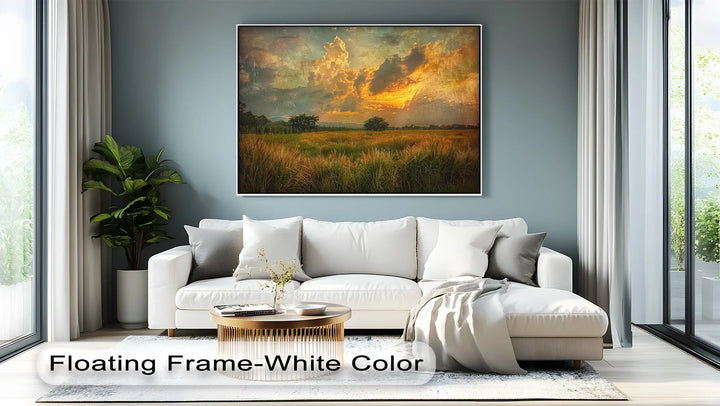 Sunset over rural meadow nature print

