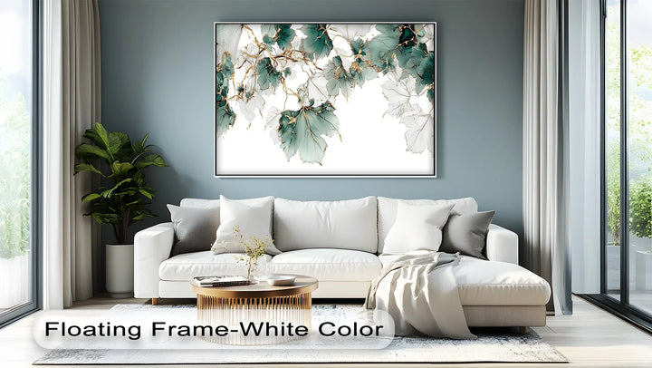 Luxurious botanical canvas art with emerald green foliage and fluid gold strokes

