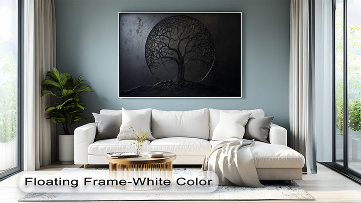 The layering effect in these striking canvas pictures features a dark tree of life rising from a textured base against a subtle circular backdrop.
