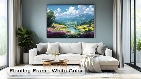 Finely crafted canvas wall art showcases the superior material quality of this Blossoming Valley canvas print, highlighting its wildflower landscape.