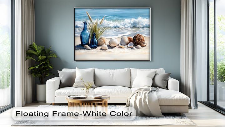 Blue Bottles and Seashells on Seashore - Canvas Print