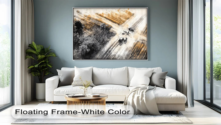 Aerial Tractor Scene in Ink & Ochre – Car Canvas Print