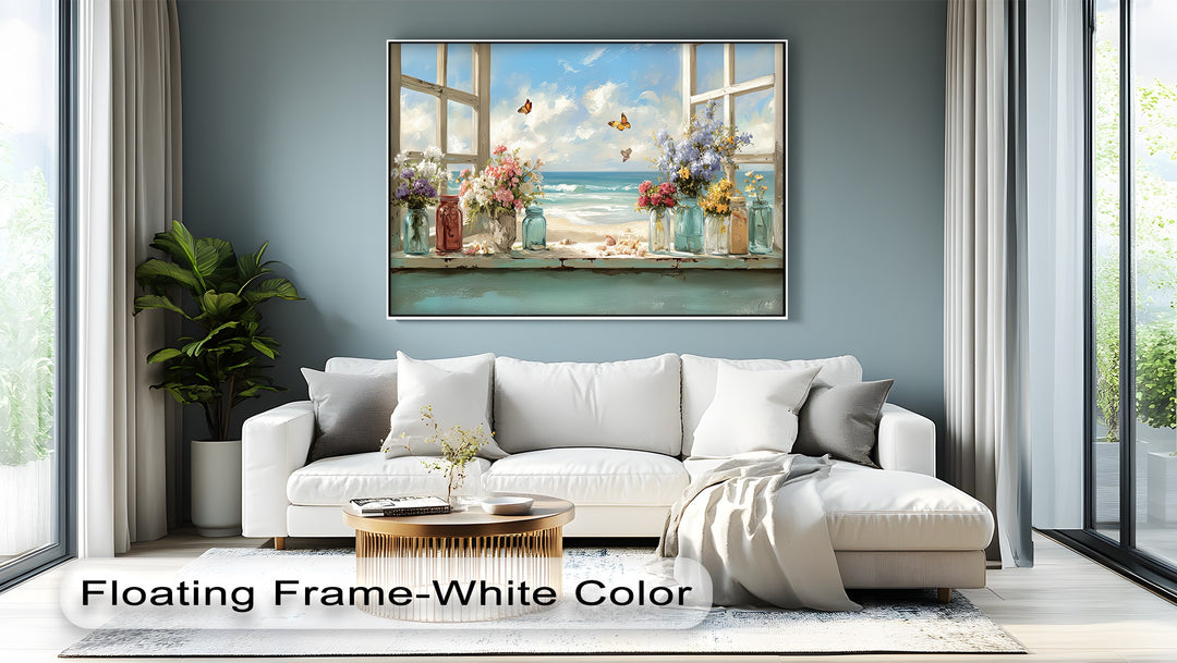 Butterflies by the Shore – Seaside Window Flowers Canvas Print