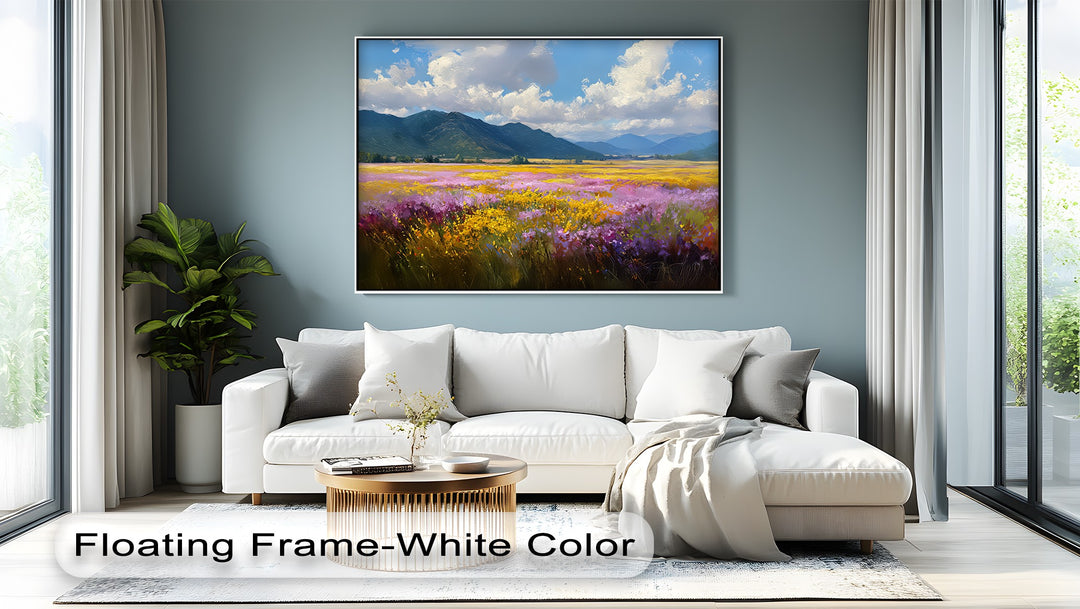 Valley Bloom – Wildflower Field and Mountain Landscape Canvas Print