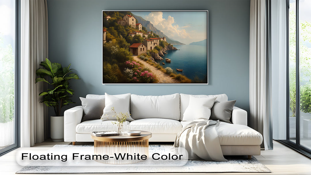 Cliffside Village Serenity – Mediterranean Coastal Canvas Wall Art | Framed Art