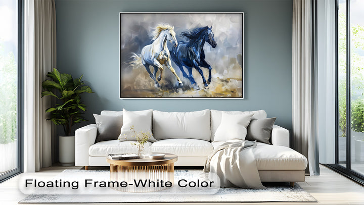 Celestial Gallop – Blue and White Abstract Horse Canvas Print