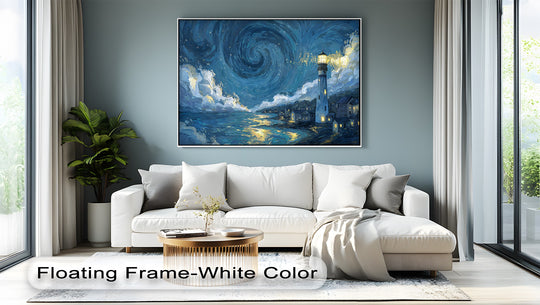 Brooding skies and golden light evoke a dramatic mood in this Starry Night Lighthouse canvas print, a big canvas prints perfect for a coastal aesthetic.
