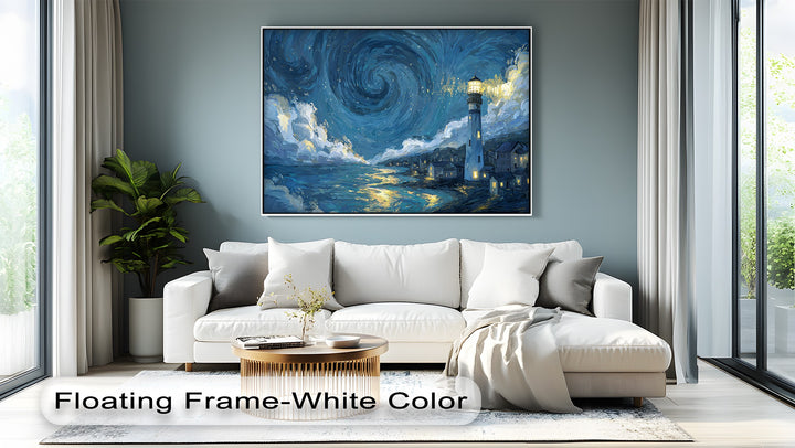 Brooding skies and golden light evoke a dramatic mood in this Starry Night Lighthouse canvas print, a big canvas prints perfect for a coastal aesthetic.