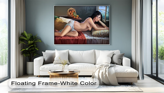 Brightest area of the erotic daydream in Tuscany shows off a beautiful framed canvas naked art print, illuminating the artwork's sensual details.