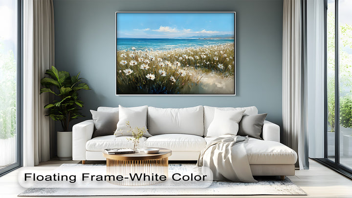 Whispers of the Coast – Daisy Field by the Ocean Canvas Print