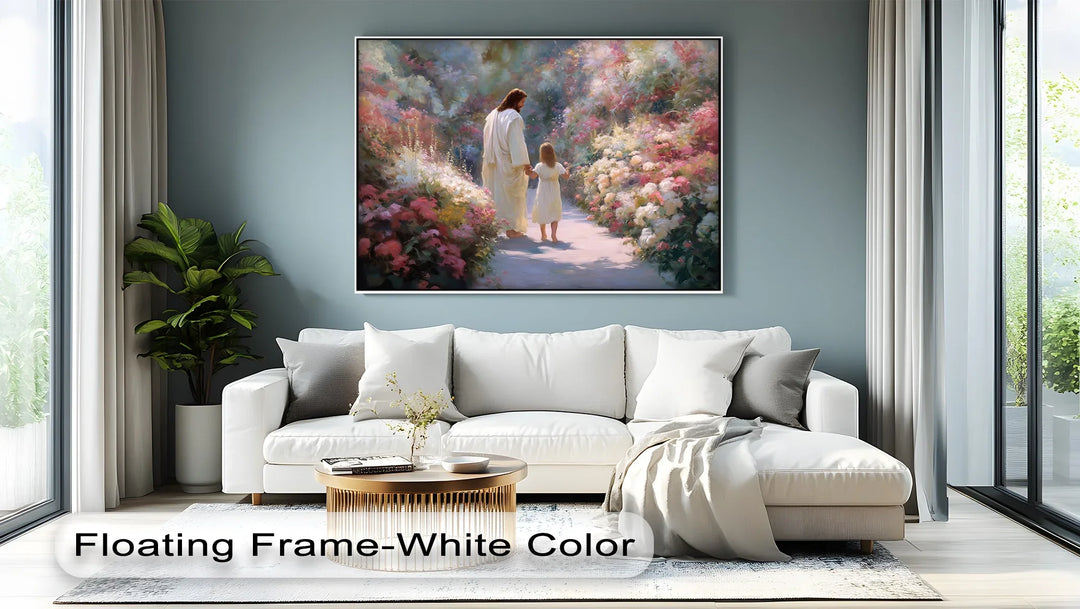Uplifting religious decor with serene garden path and divine presence artwork