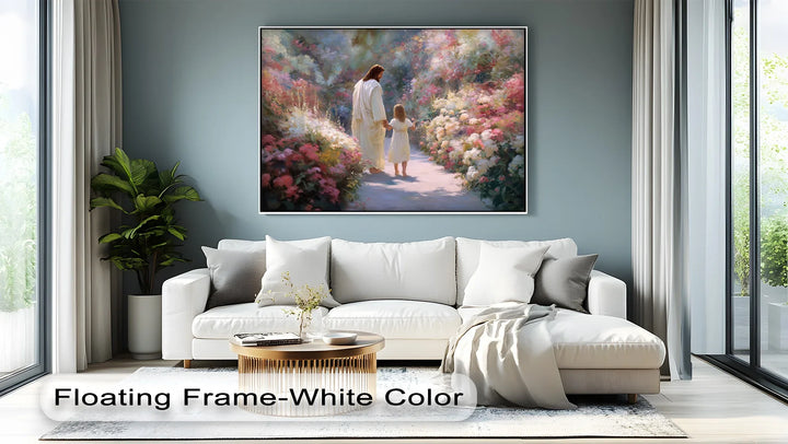 Uplifting religious decor with serene garden path and divine presence artwork