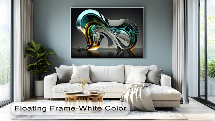 A plush white sofa, elegant coffee table, and decorative rug furnish the foreground, complementing the abstract aqua flow canvas art.