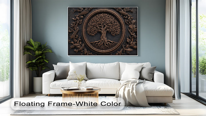 The canvas artwork features a deeply saturated, rustic bronze Tree of Life, contrasting with the soft blue-grey wall for striking botanical wall art.