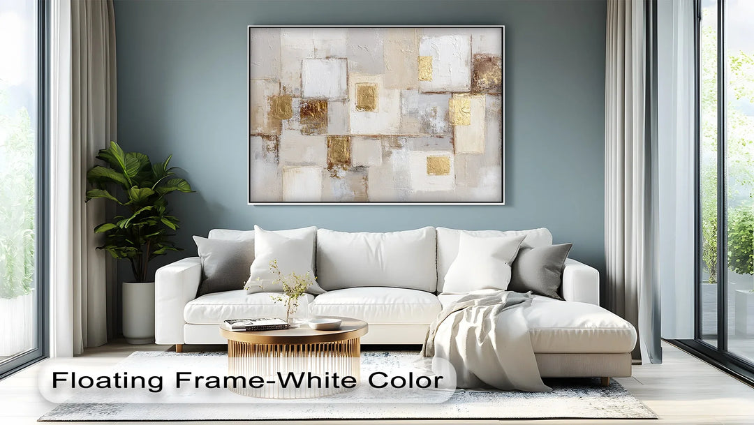 Soft beige and ivory modern artwork featuring shimmering gold blocks
