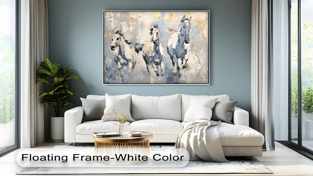 Frozen Gallop – Trio of White Horses in Winter Tones Canvas Print