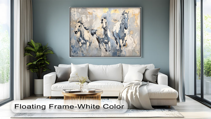 Frozen Gallop – Trio of White Horses in Winter Tones Canvas Print