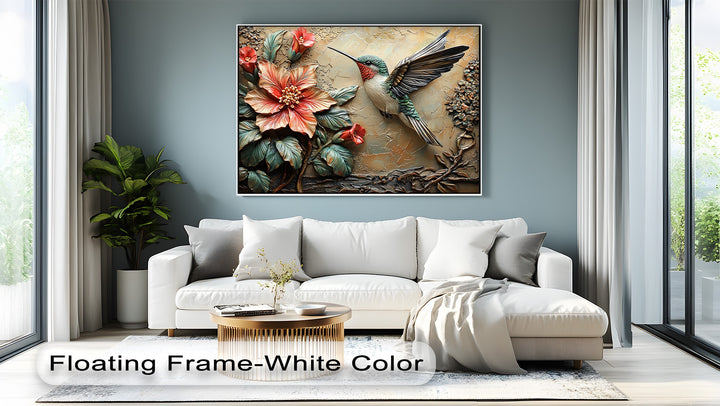 Organic forms capture a vibrant hummingbird amidst detailed coral flowers and lush teal leaves in this stunning 3D style nature wall art canvas artwork.