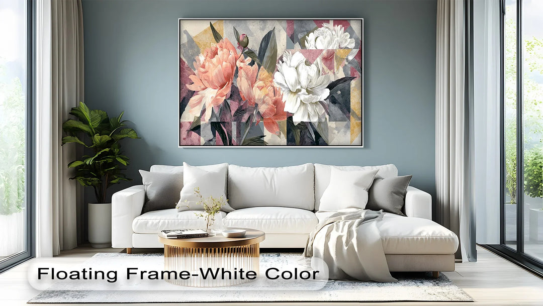 Graphic design inspired canvas art blending peony flowers with abstract forms

