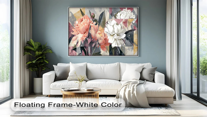Graphic design inspired canvas art blending peony flowers with abstract forms

