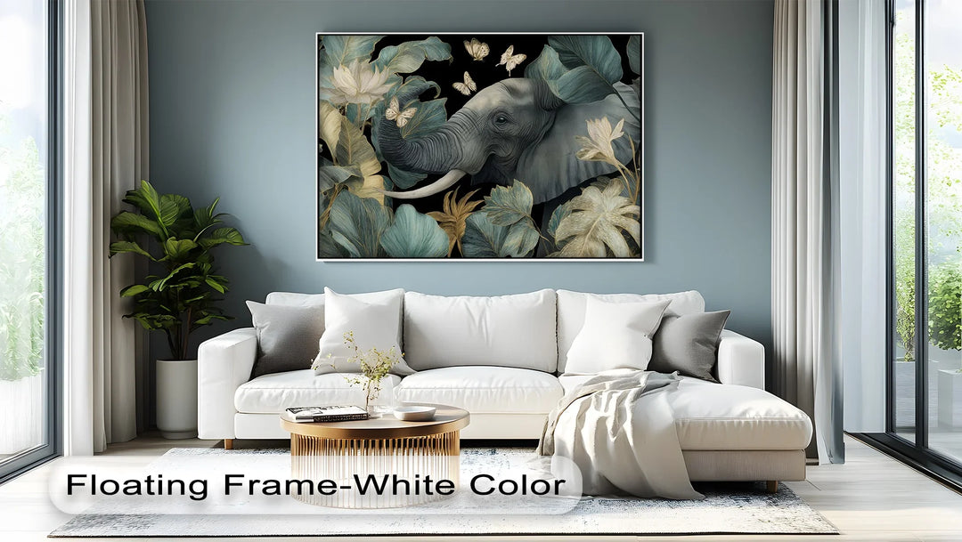 Majestic elephant canvas painting with botanical and butterfly design

