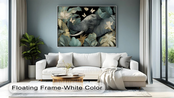 Majestic elephant canvas painting with botanical and butterfly design

