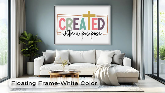 White is the dominant color in this canvas pictures showcasing a 'Created with a Purpose' Christian canvas print above a white sofa.