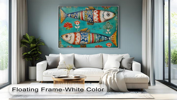 Foreground shows a round, fluted coffee table below the best canvas prints featuring colorful folk fish in this Scandinavian folk art canvas print.