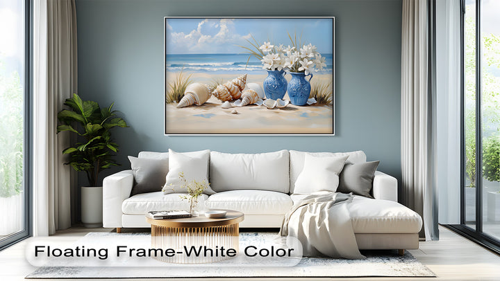 Coastal Serenity – Seashells and Blue Vases Canvas Print
