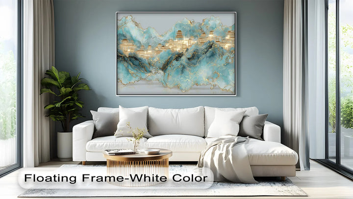 Elegant turquoise and gold landscape canvas art for contemporary interiors
