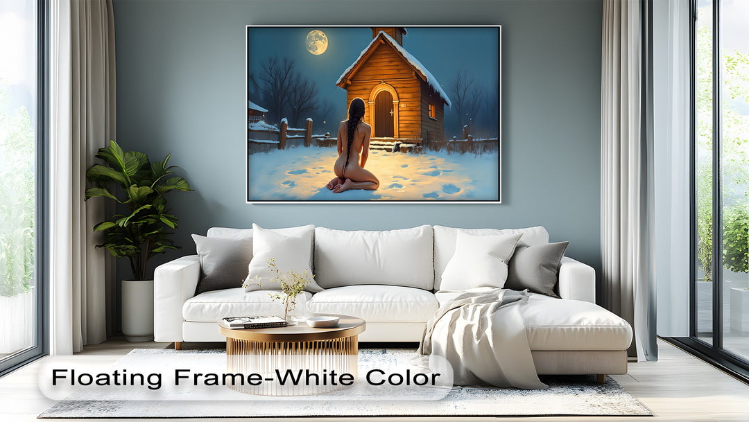 Moonlit Prayer – Sensual Nude in Snowy Night Erotic Canvas Print | Framed Art