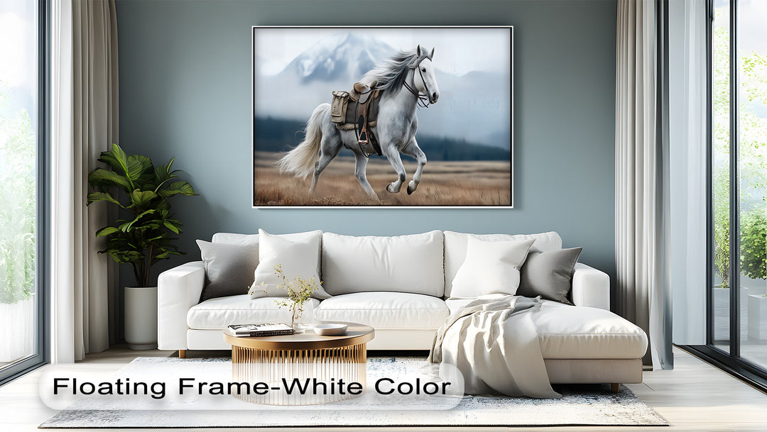 Gallop in the Mist – White Horse with Saddle Canvas Print
